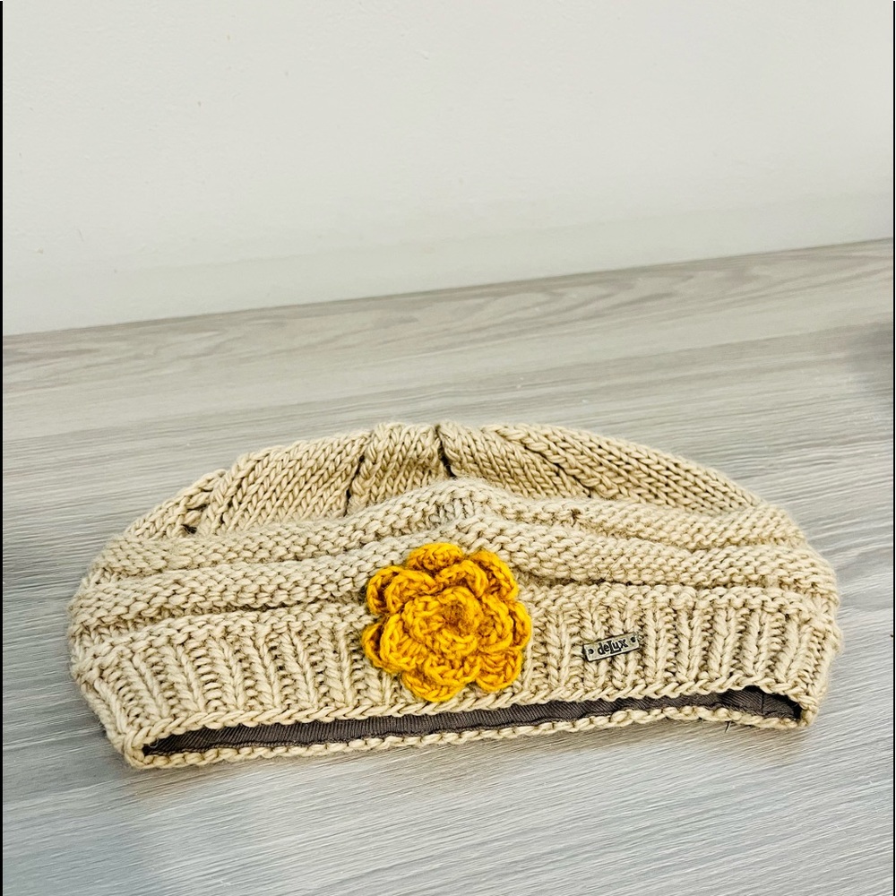DeLux Knit Beanie Hat, Beige with Yellow Gold Flower, Wool